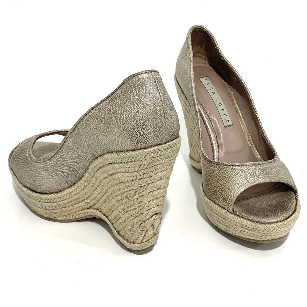 Pura Lopez Metallic Leather Open Toe Espadrille Platform Wedge size 39